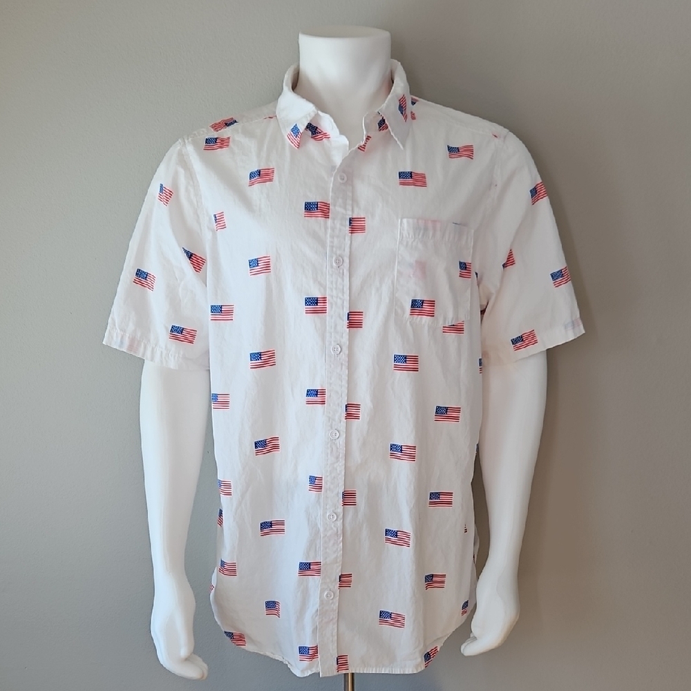 MAD Engine American Flag Patriotic Short Sleeve Button Down Shirt